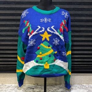 Vintage Amanda Smith Ugly‎ Christmas Tree Ski Silver Snowflake Sweater WN Large